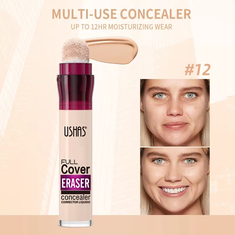 Ushas 12Color Liquid Concealer Multi-Use Foundation Makeup Moisturizing Rotating Sponge Head Concealer Long Lasting Lightweight